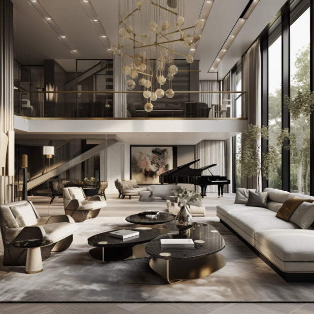 Design de salon de luxe, très spacieux avec une mezzanine qui le surplombe. La fenestration est impressionnante.