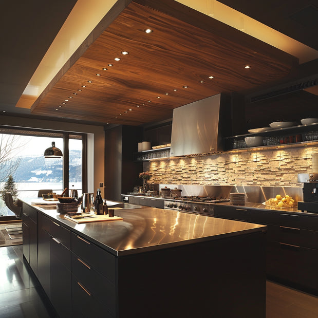 Design de cuisine moderne avec des matériaux noble pour une ambiance chaleureuse moderne.